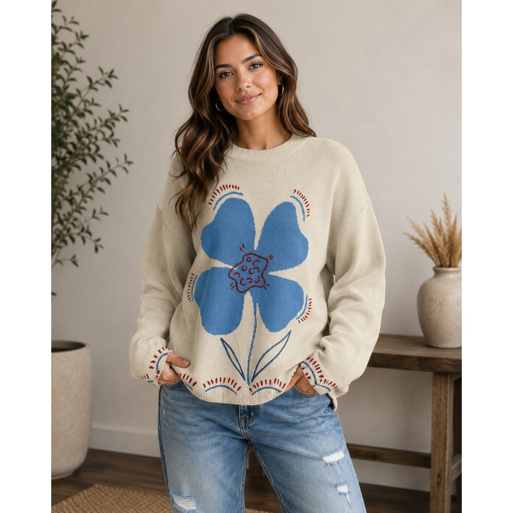ASOS DESIGN Cream Blue Flower Intarsia Cotton Knit Sweater Small Oversized Mock